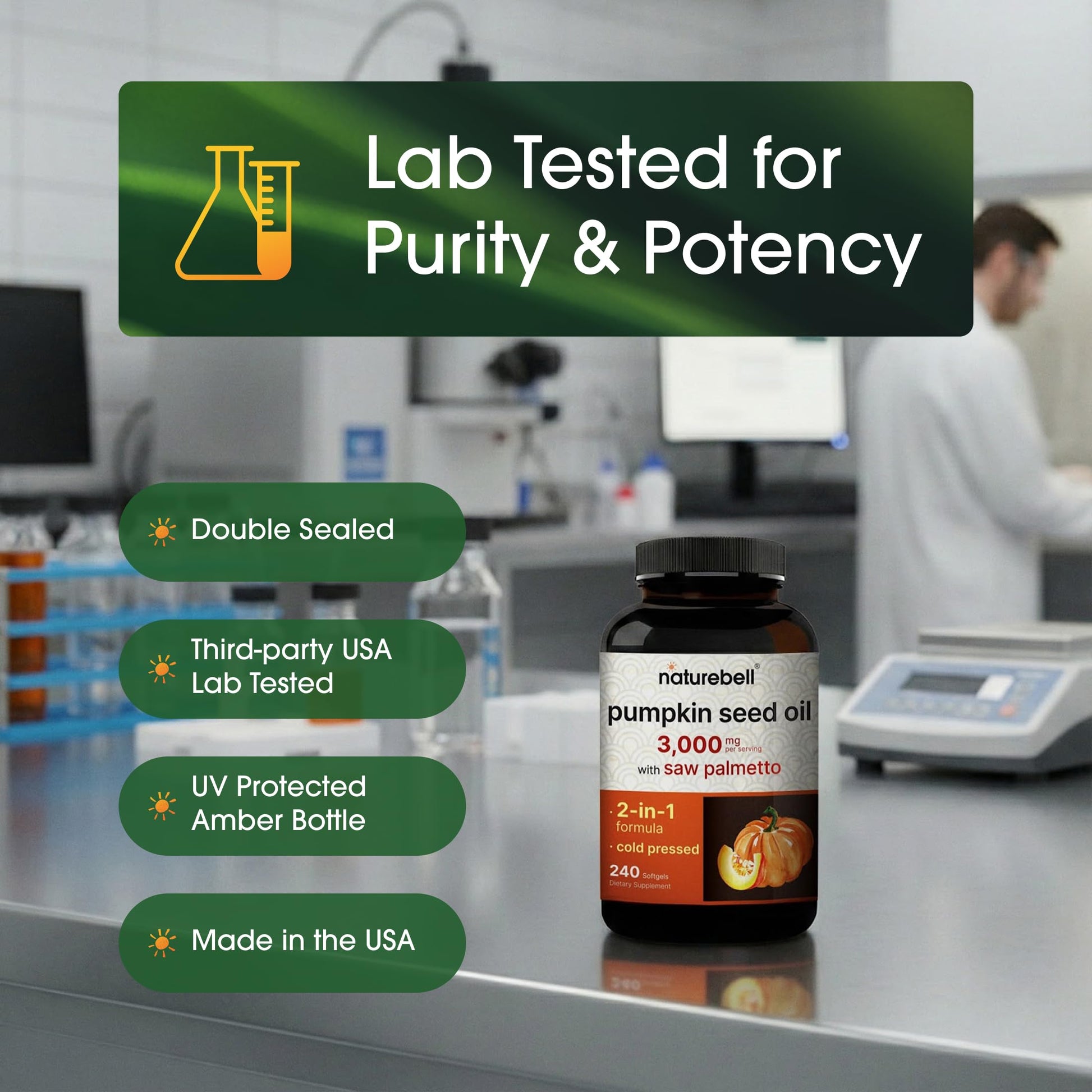 Close up of non GMO pumpkin seed oil softgels showing clean ingredients