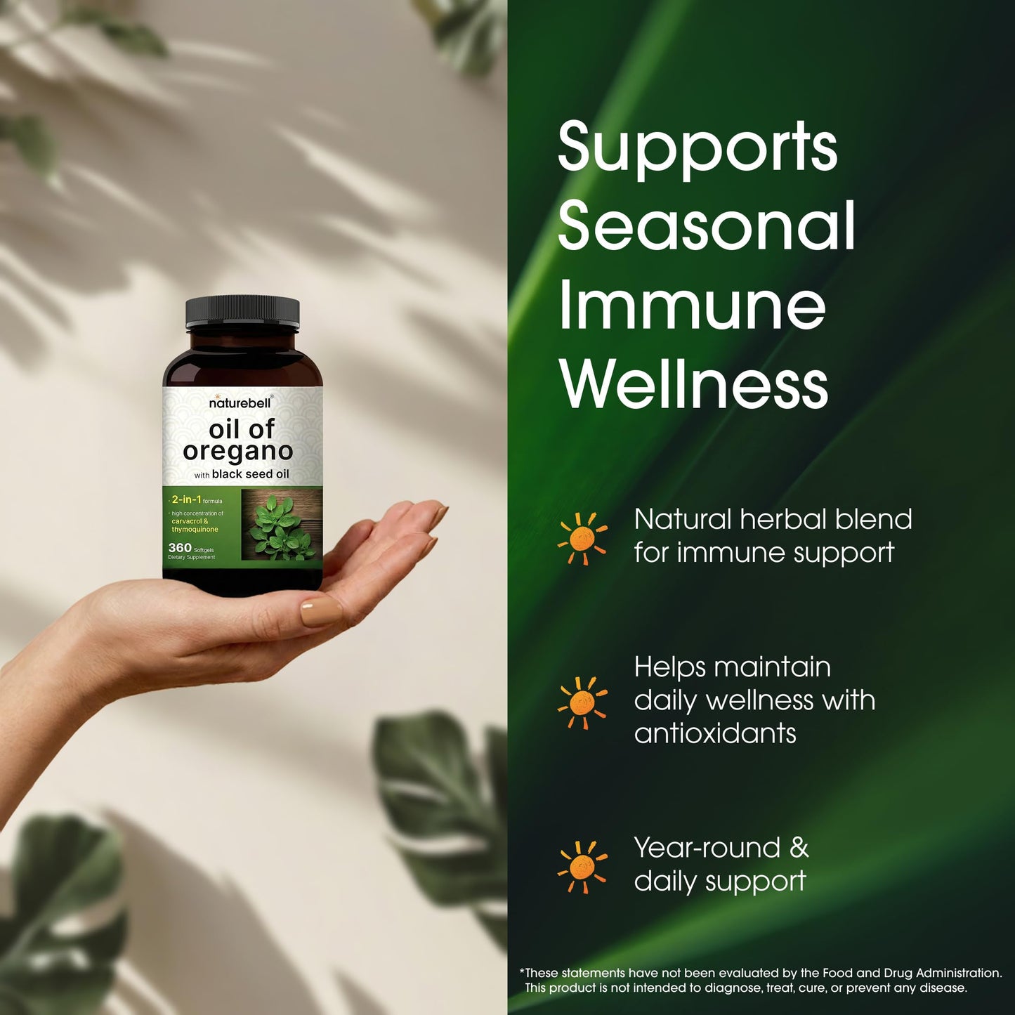 NatureBell Oil of Oregano and cold pressed black seed oil capsules size and color overview
