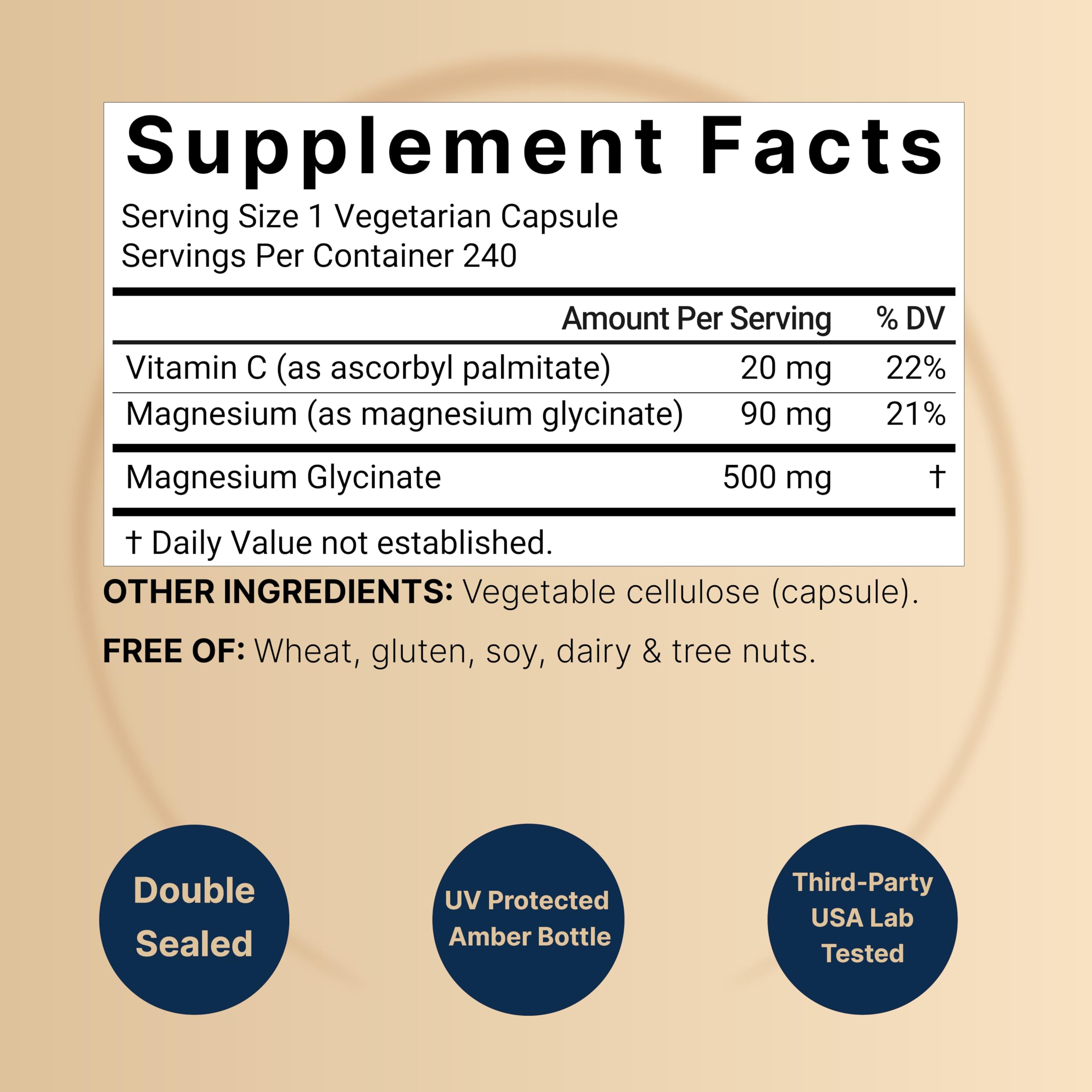 NatureBell chelated magnesium glycinate 240 capsules label details