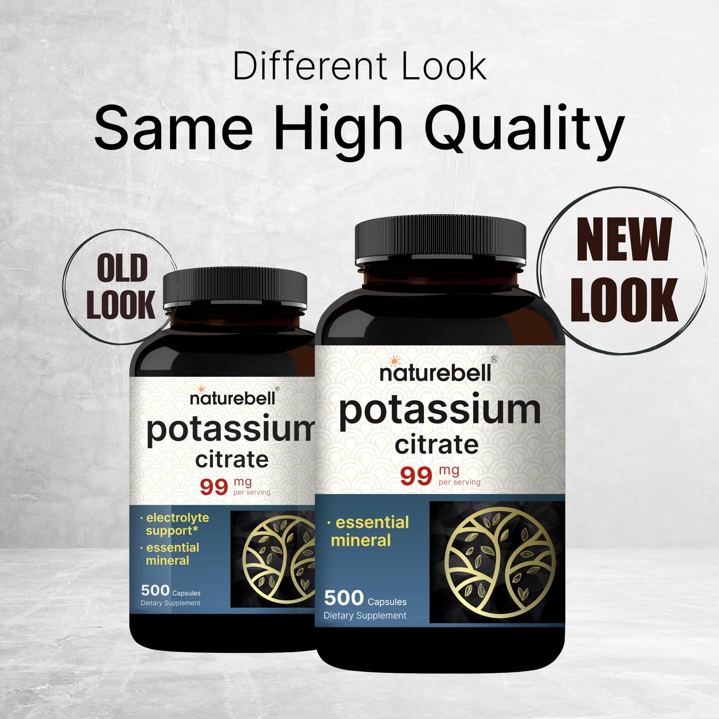 Back label of NatureBell Potassium Citrate 99mg showing complete nutritional facts serving size and pure mineral ingredients