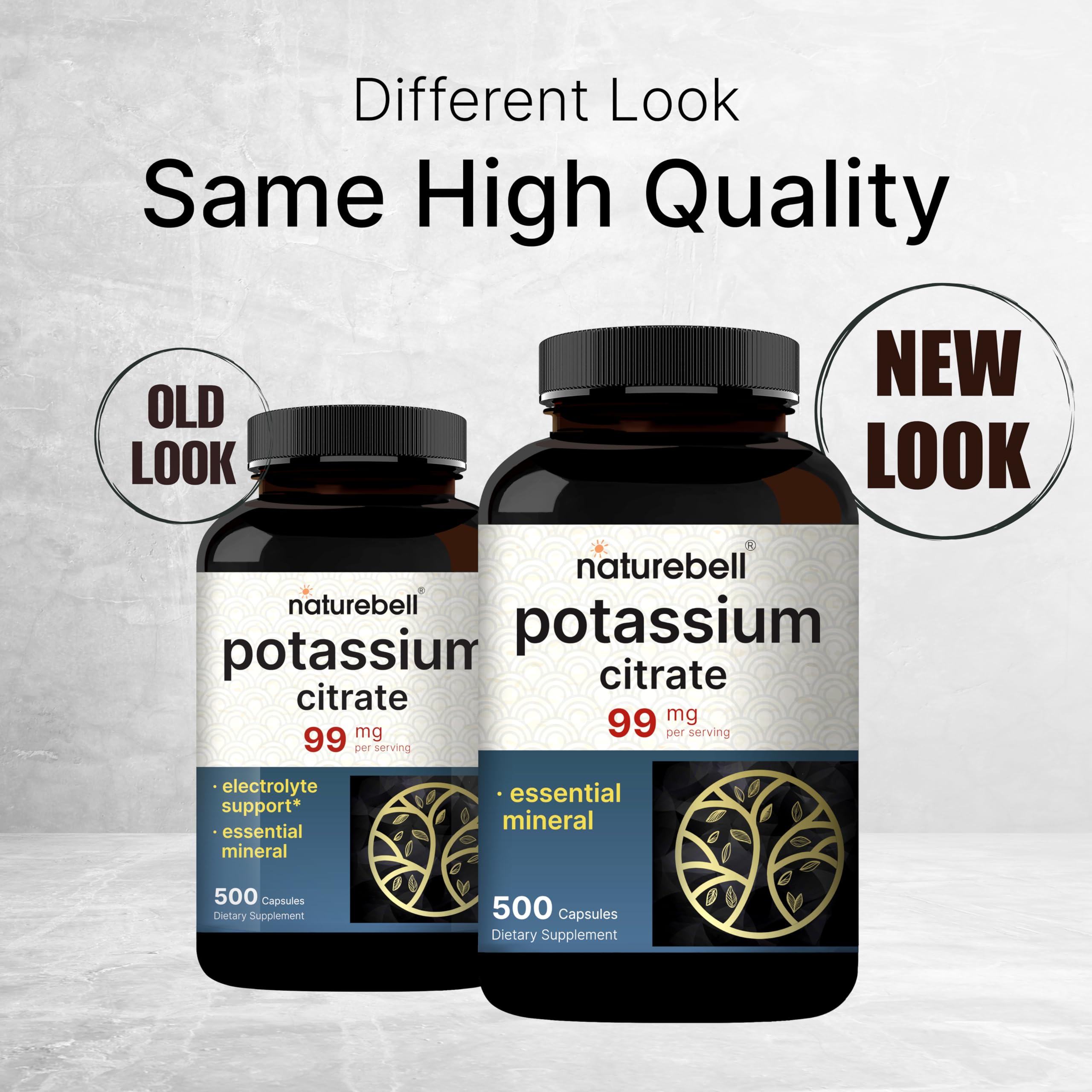 Back label of NatureBell Potassium Citrate 99mg showing complete nutritional facts serving size and pure mineral ingredients