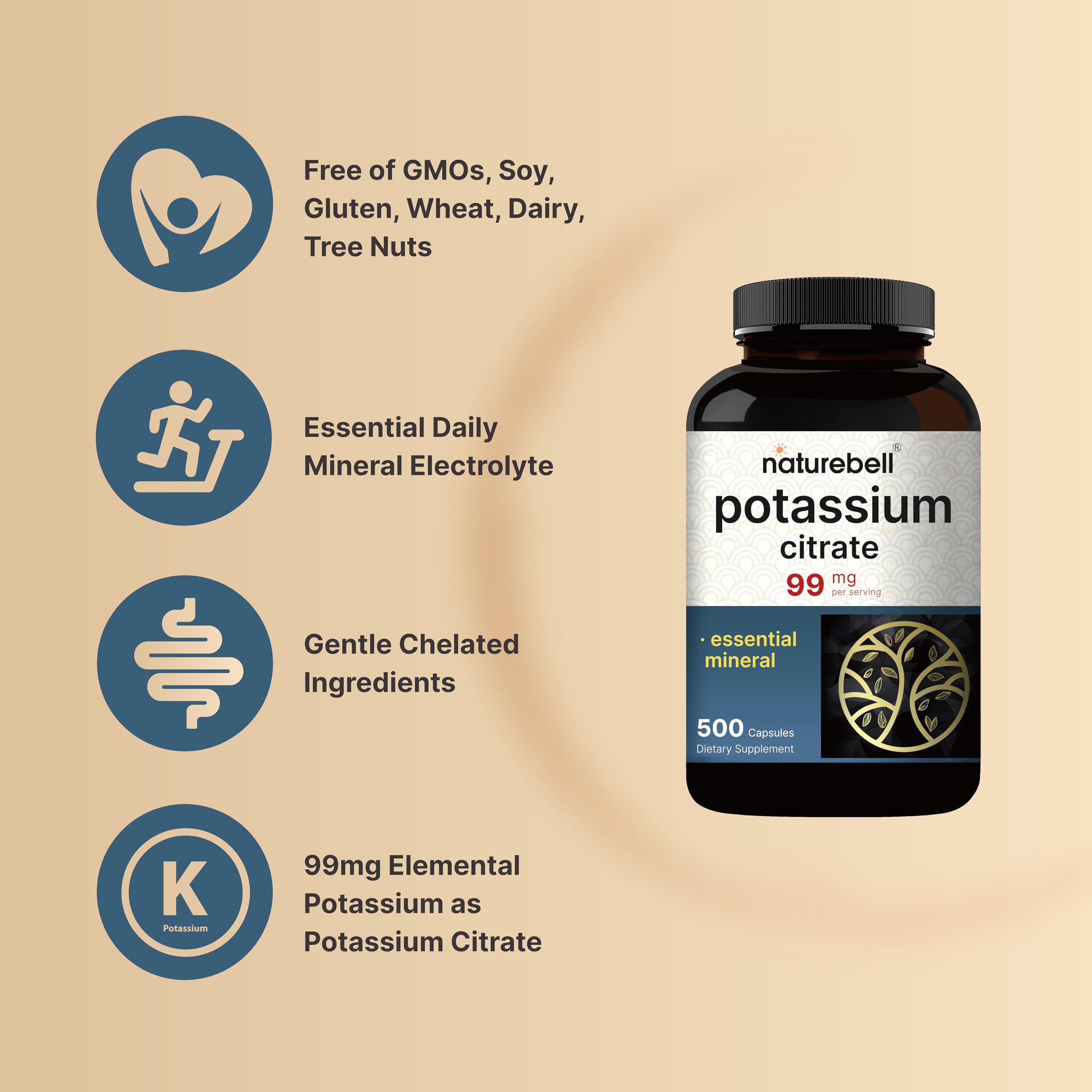 NatureBell Potassium Citrate 500 capsules bottle standing upright on a clean minimalist wellness lifestyle background