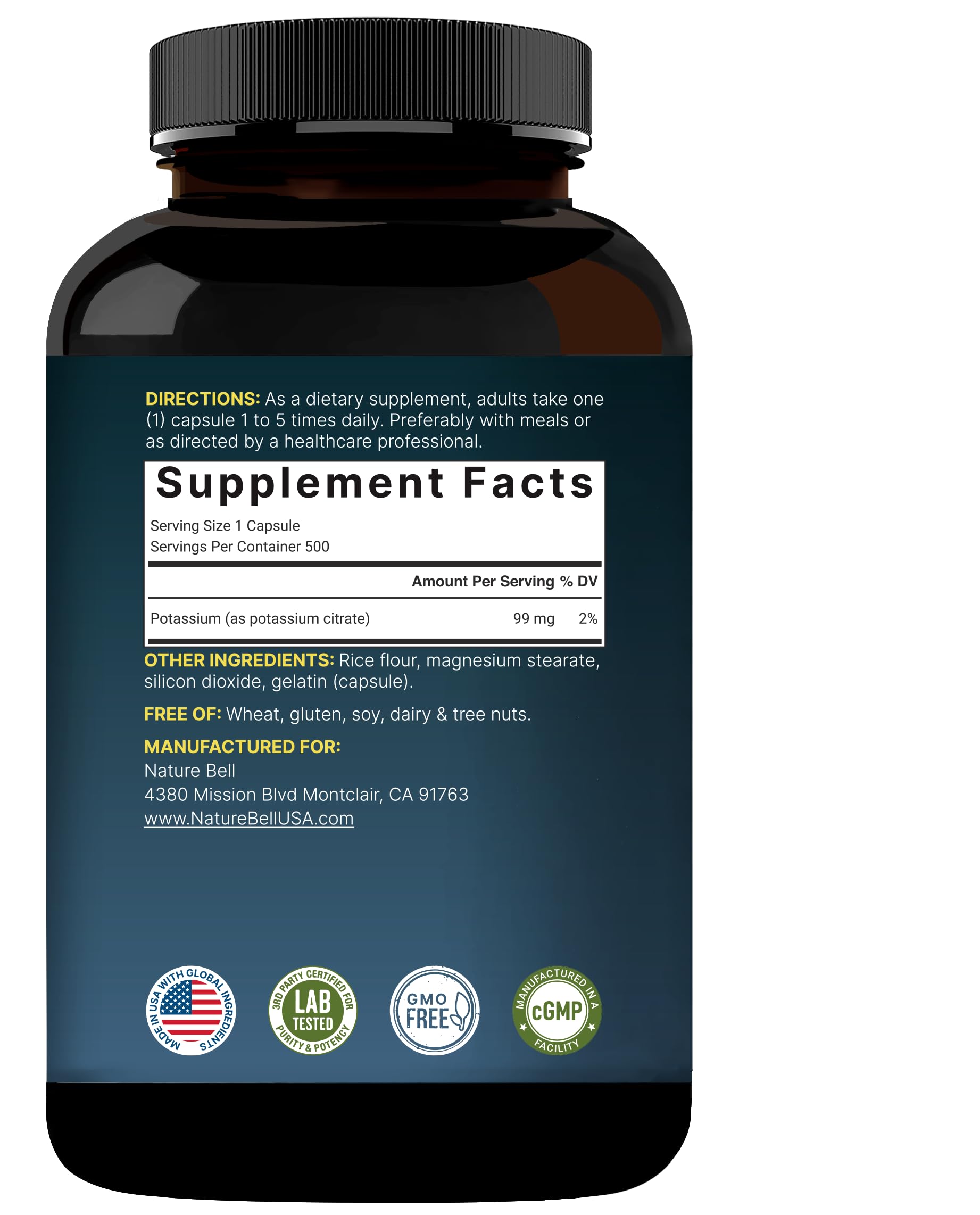 NatureBell Potassium Citrate 99mg unboxing display showing the tamper-evident sealed cap for authentic quality assurance