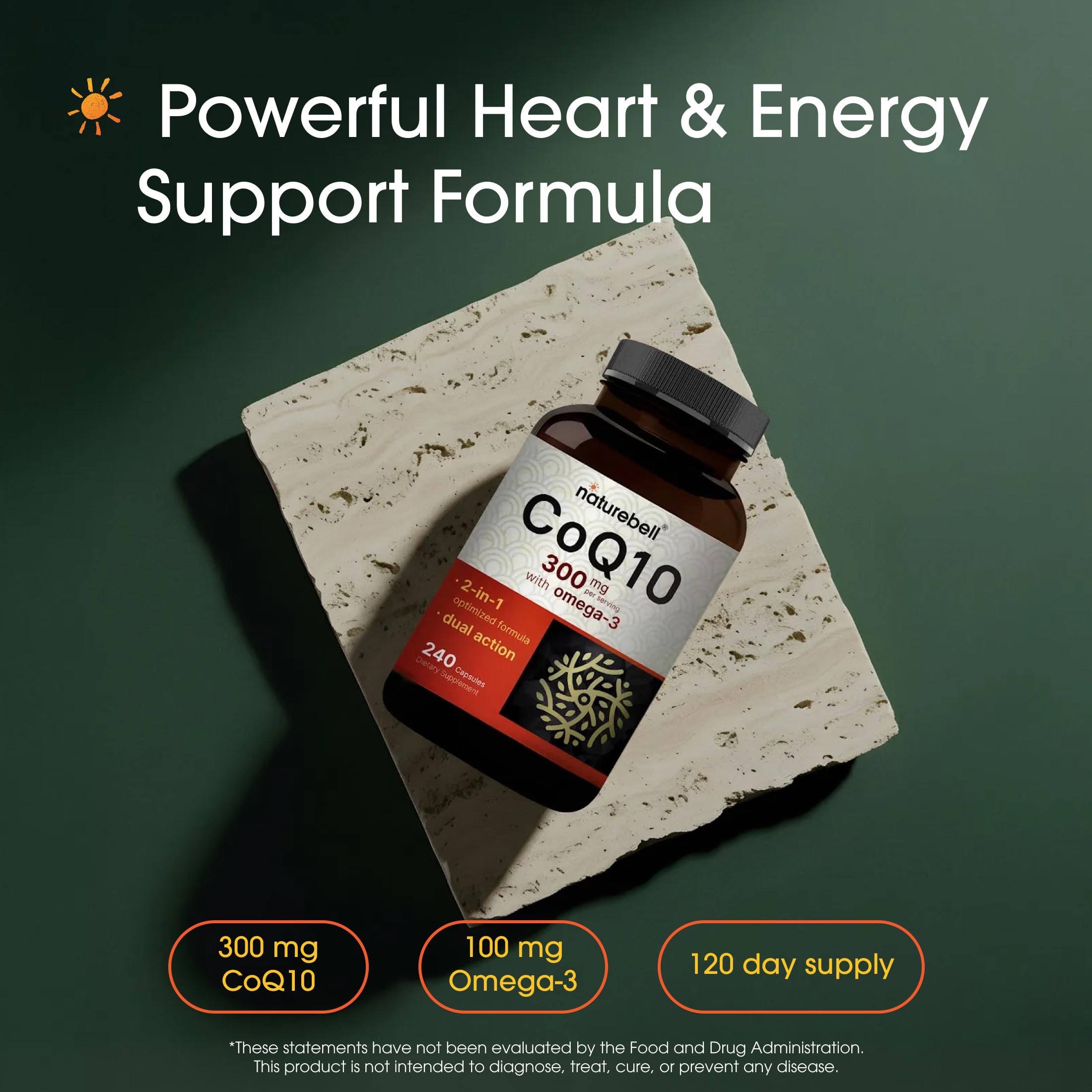 NatureBell CoQ10 with Omega 3 premium dietary supplement side label displaying ingredient facts