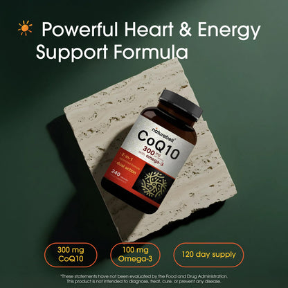 NatureBell CoQ10 with Omega 3 premium dietary supplement side label displaying ingredient facts