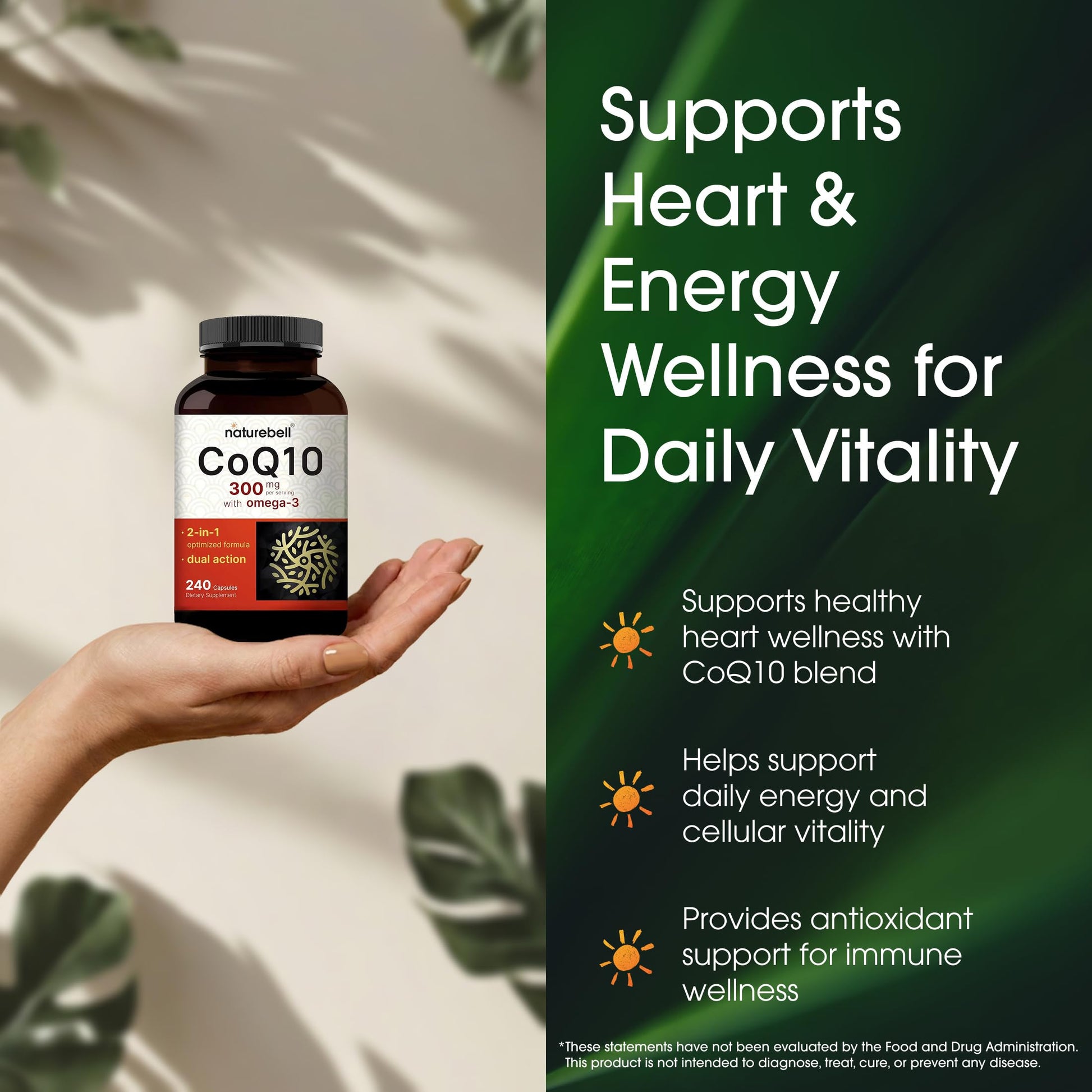NatureBell high potency ubiquinone and fatty acids nutritional supplement bottle close up