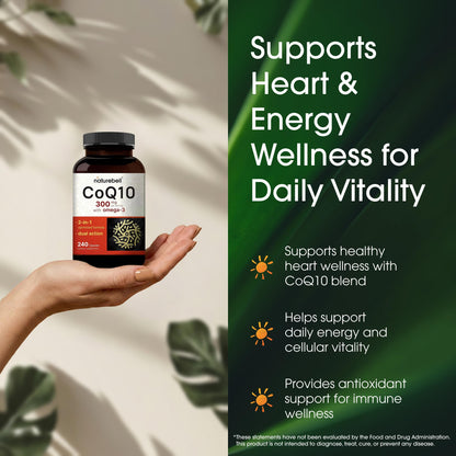 NatureBell high potency ubiquinone and fatty acids nutritional supplement bottle close up