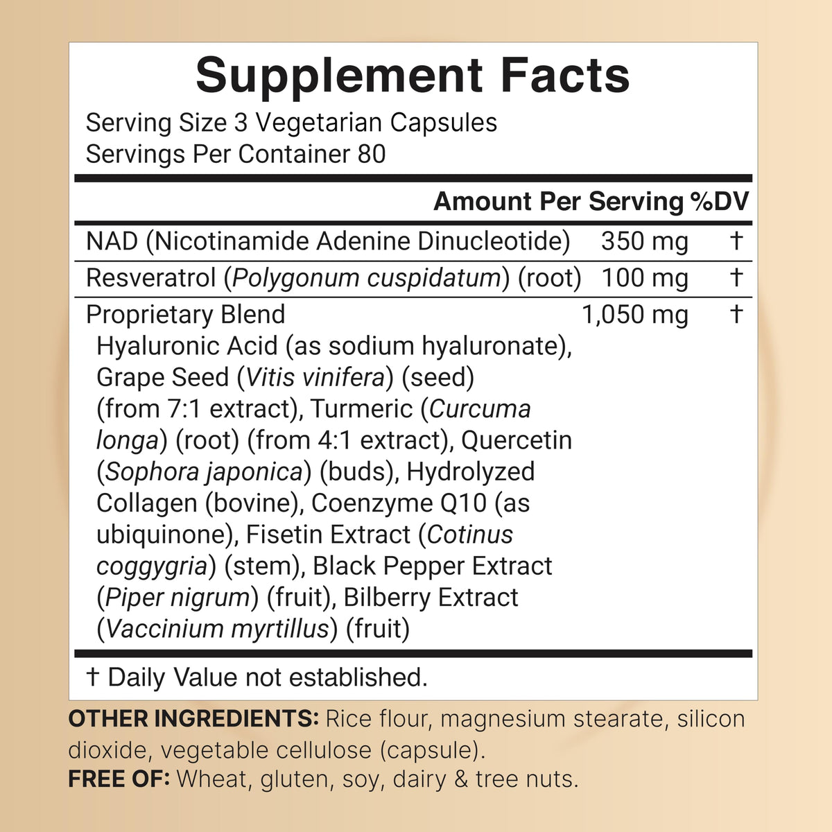 NatureBell NAD+ supplement nutritional facts and ingredient label
