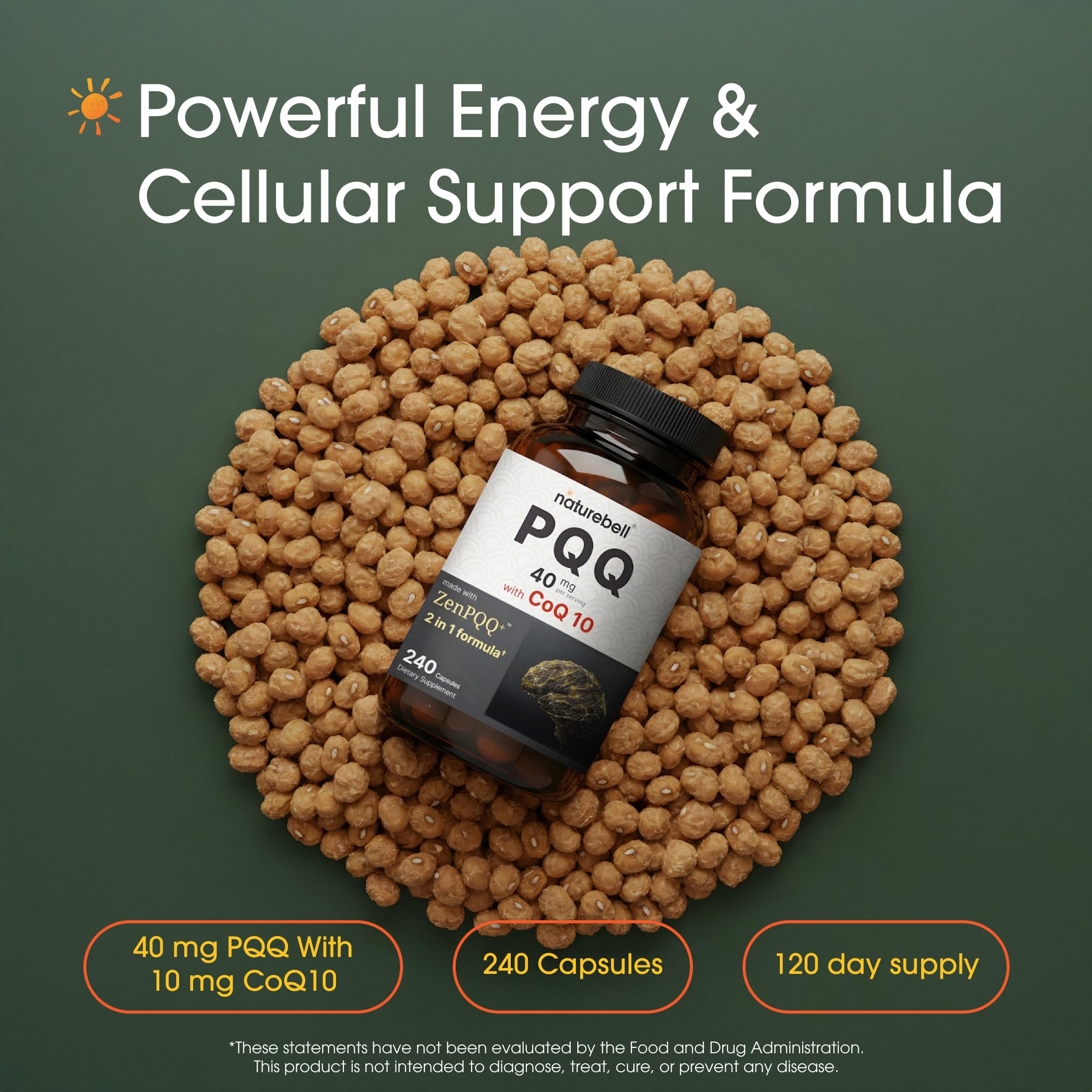 NatureBell PQQ and CoQ10 supplement facts label with detailed dosage breakdown of pyrroloquinoline quinone disodium salt