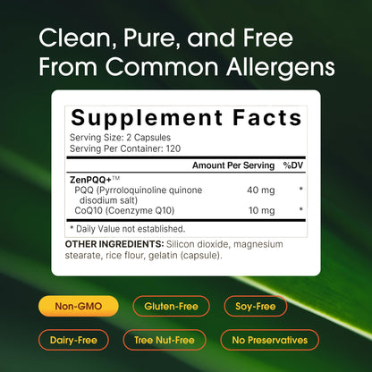 NatureBell ZenPQQ complex bottle showcasing non-GMO gluten-free and third-party lab tested icons for authentic quality assurance