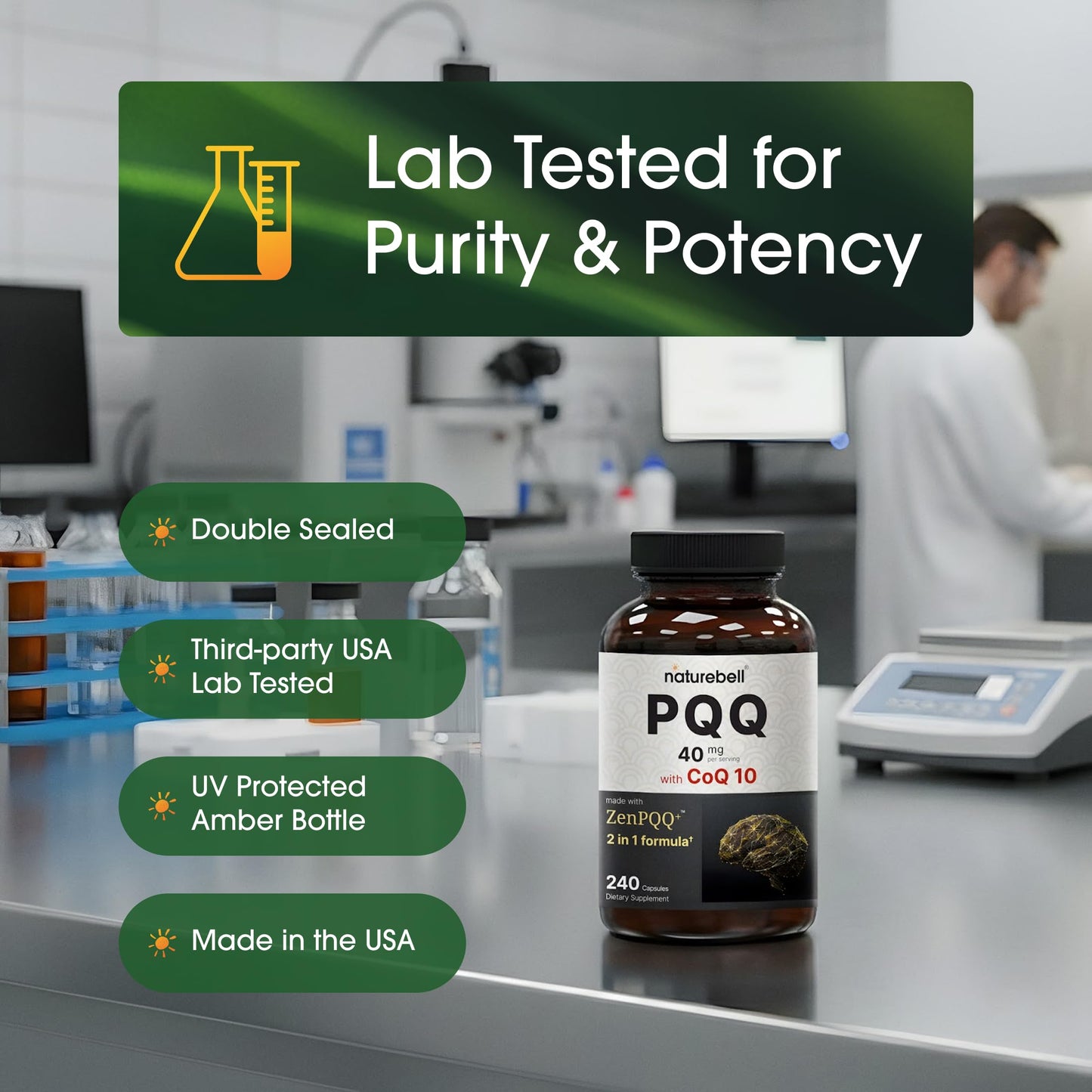 NatureBell dual action PQQ and Coenzyme Q10 capsules showing vegan friendly formulation details for brain and heart support