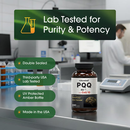NatureBell dual action PQQ and Coenzyme Q10 capsules showing vegan friendly formulation details for brain and heart support