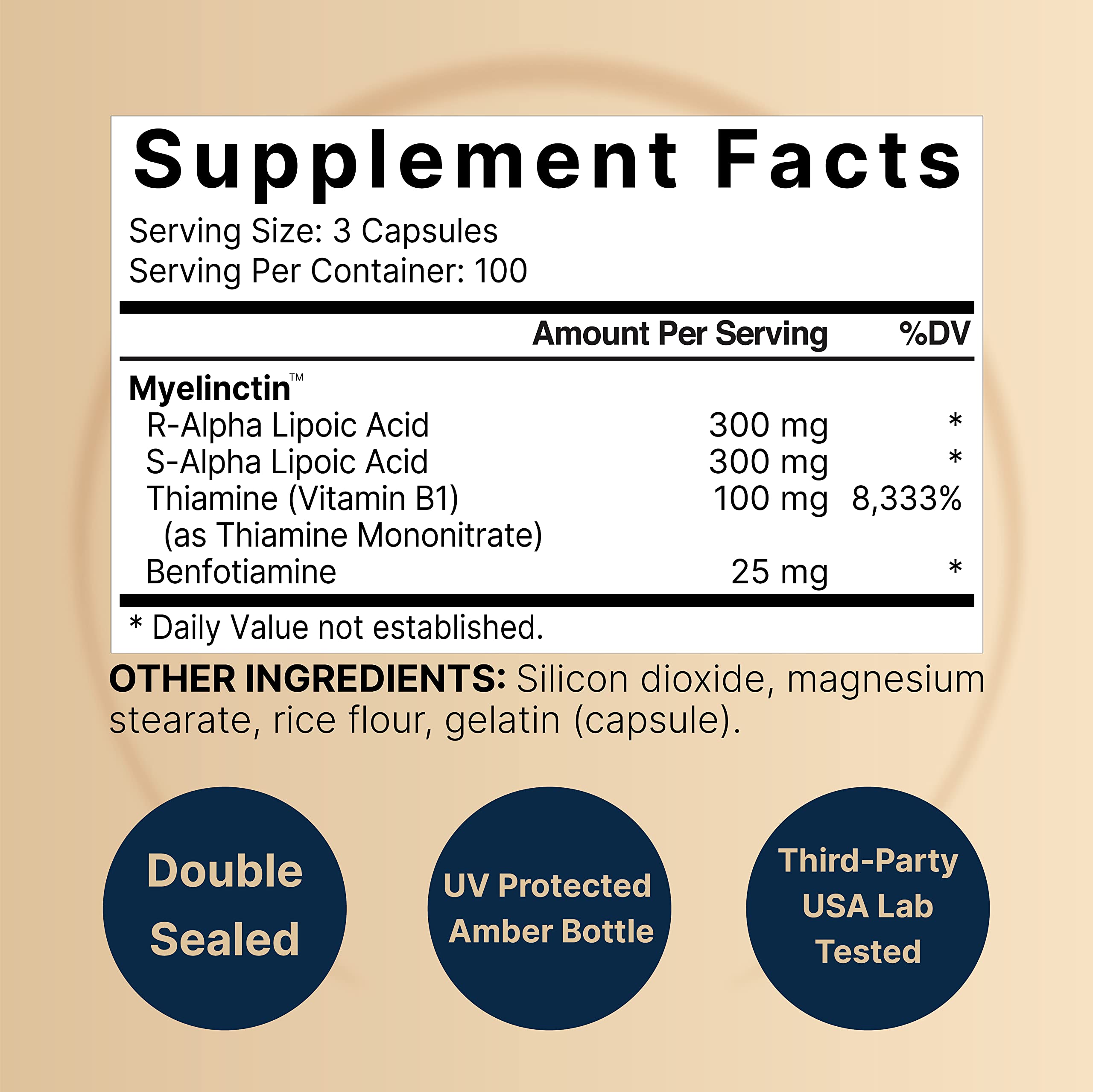 NatureBell Alpha Lipoic Acid Complex bottle showing supplement facts table with R-ALA and S-ALA breakdown