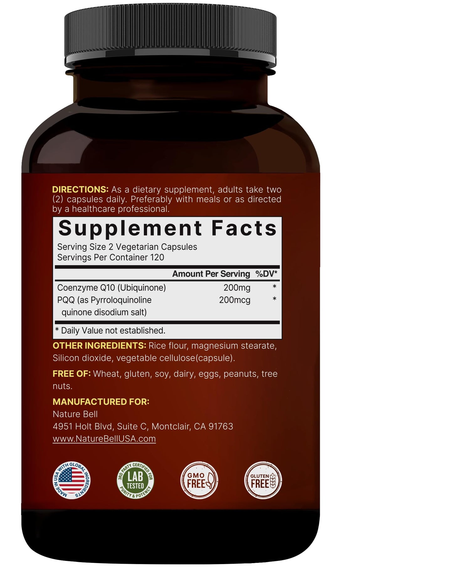 Authentic NatureBell Coenzyme Q10 showing seal of quality and brand safety features.