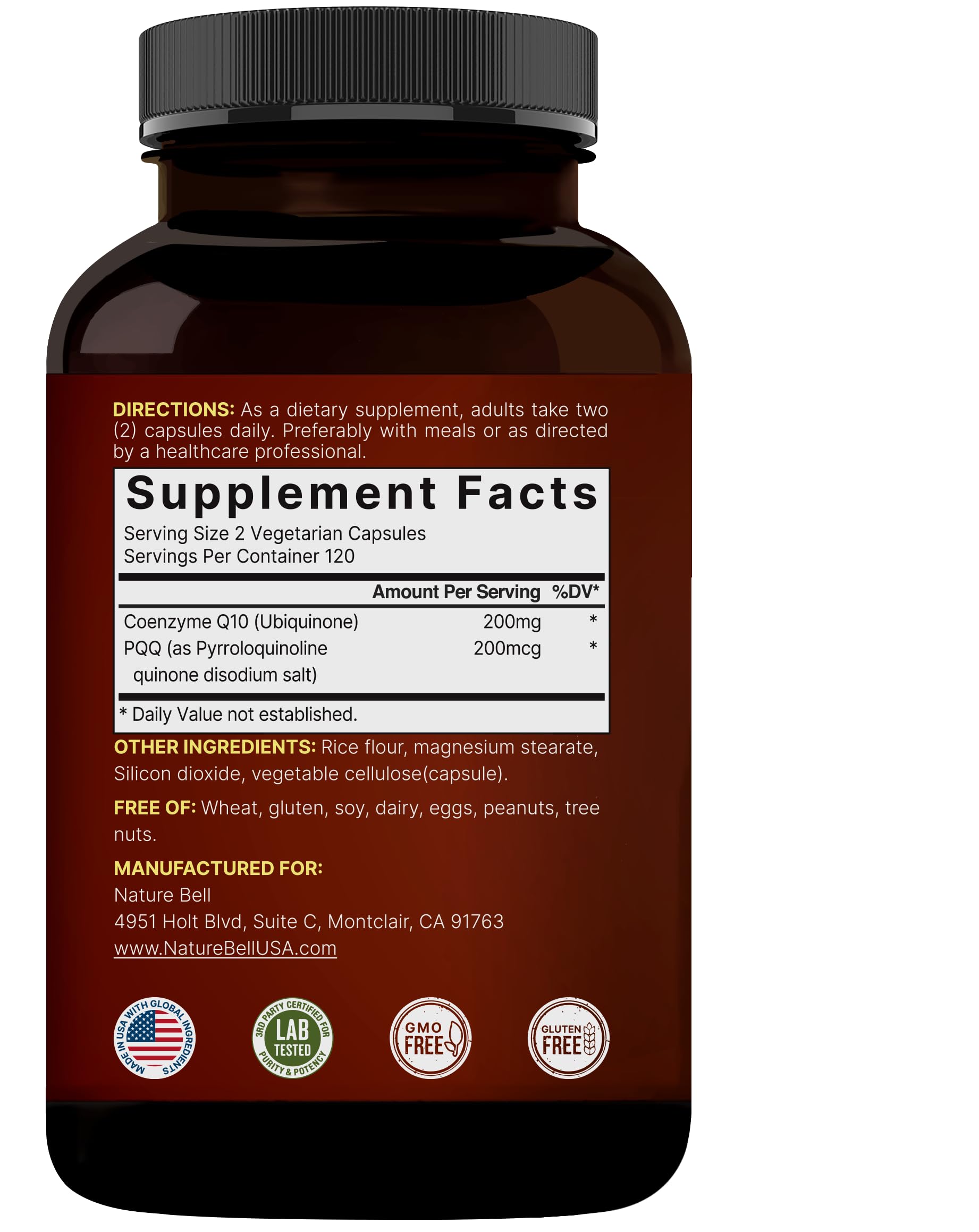Authentic NatureBell Coenzyme Q10 showing seal of quality and brand safety features.