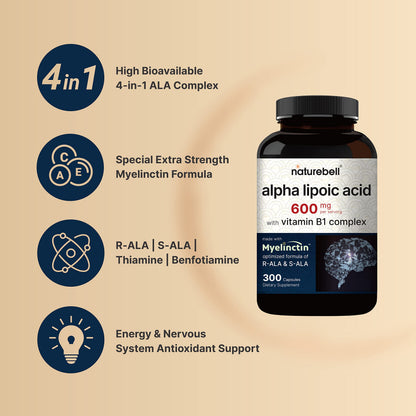Side angle of NatureBell 4-in-1 Alpha Lipoic Acid dietary supplement highlighting the non-GMO and gluten-free seals