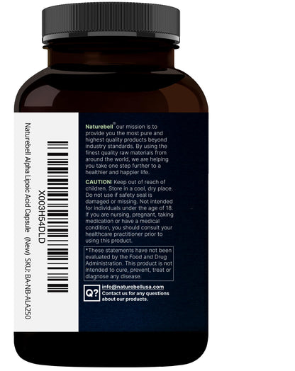 Full packaging view of NatureBell high absorption Alpha Lipoic Acid showing safety seal and imported product details