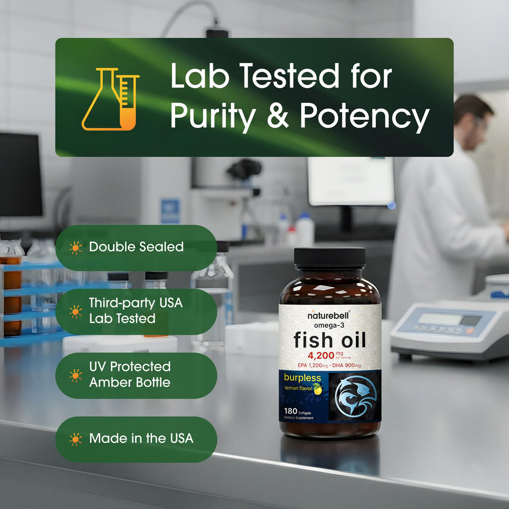 NatureBell fish oil bottle beside natural lemon slices illustrating flavor