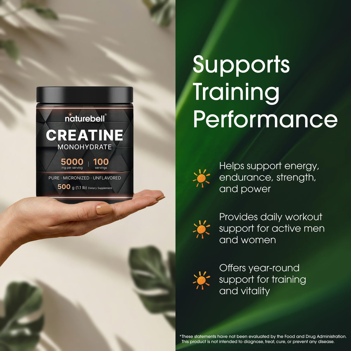 NatureBell unflavored creatine monohydrate jar side profile