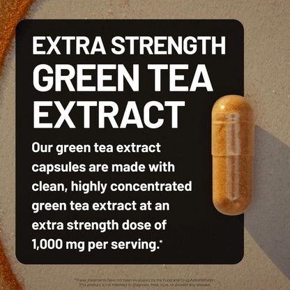 NatureWise Green Tea Extract 1000mg bottle beside green tea leaves