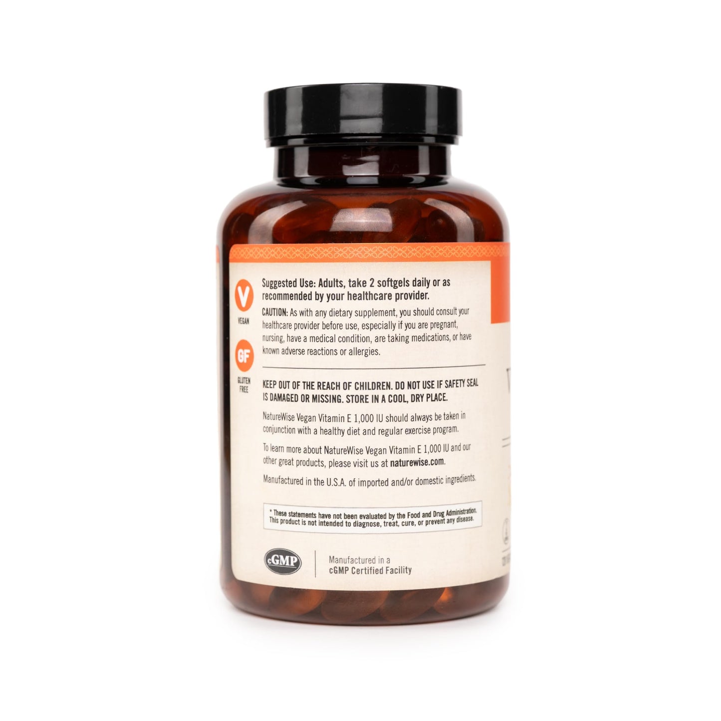 NatureWise Vitamin E supplement bottle showing vegan certification seal