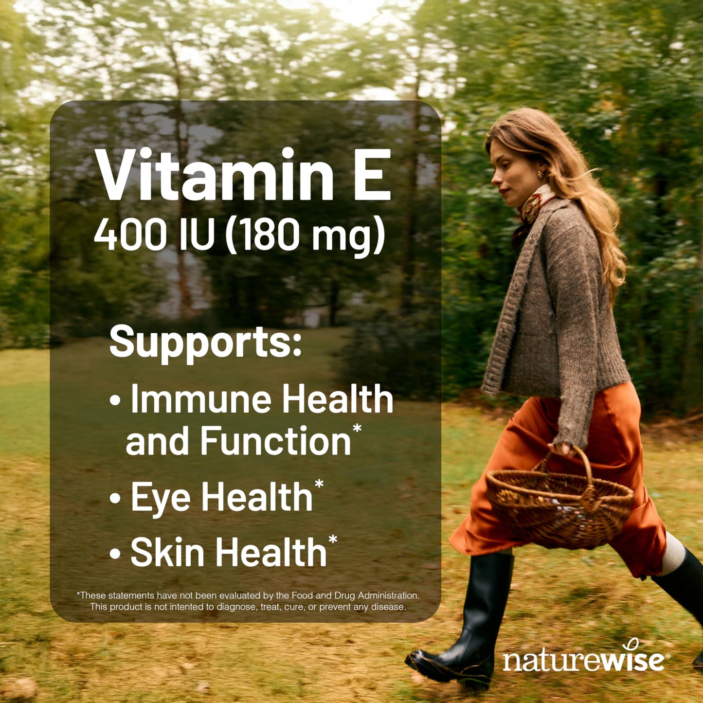 NatureWise Vitamin E dietary supplement bottle side label displaying allergen free and NSF certification details.