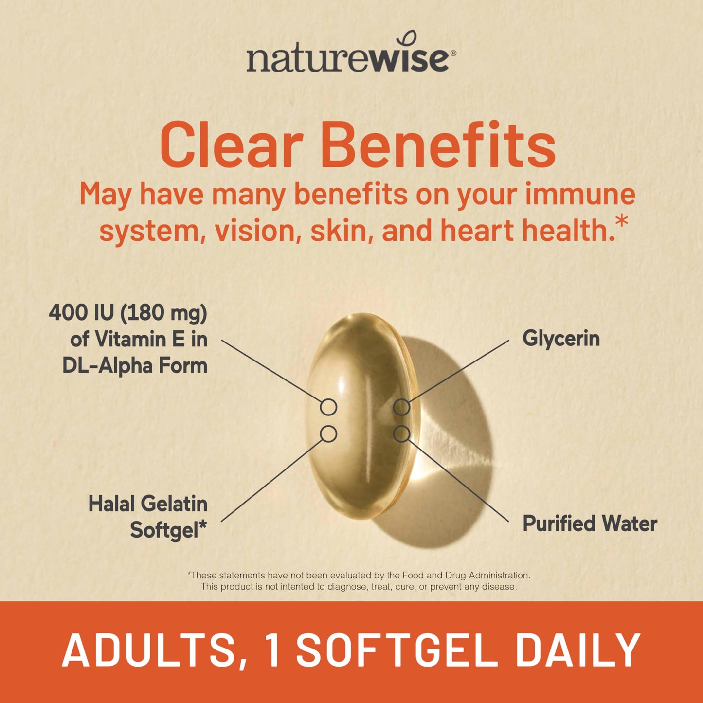 Close up of genuine USA imported NatureWise Vitamin E antioxidant softgels for immune support.