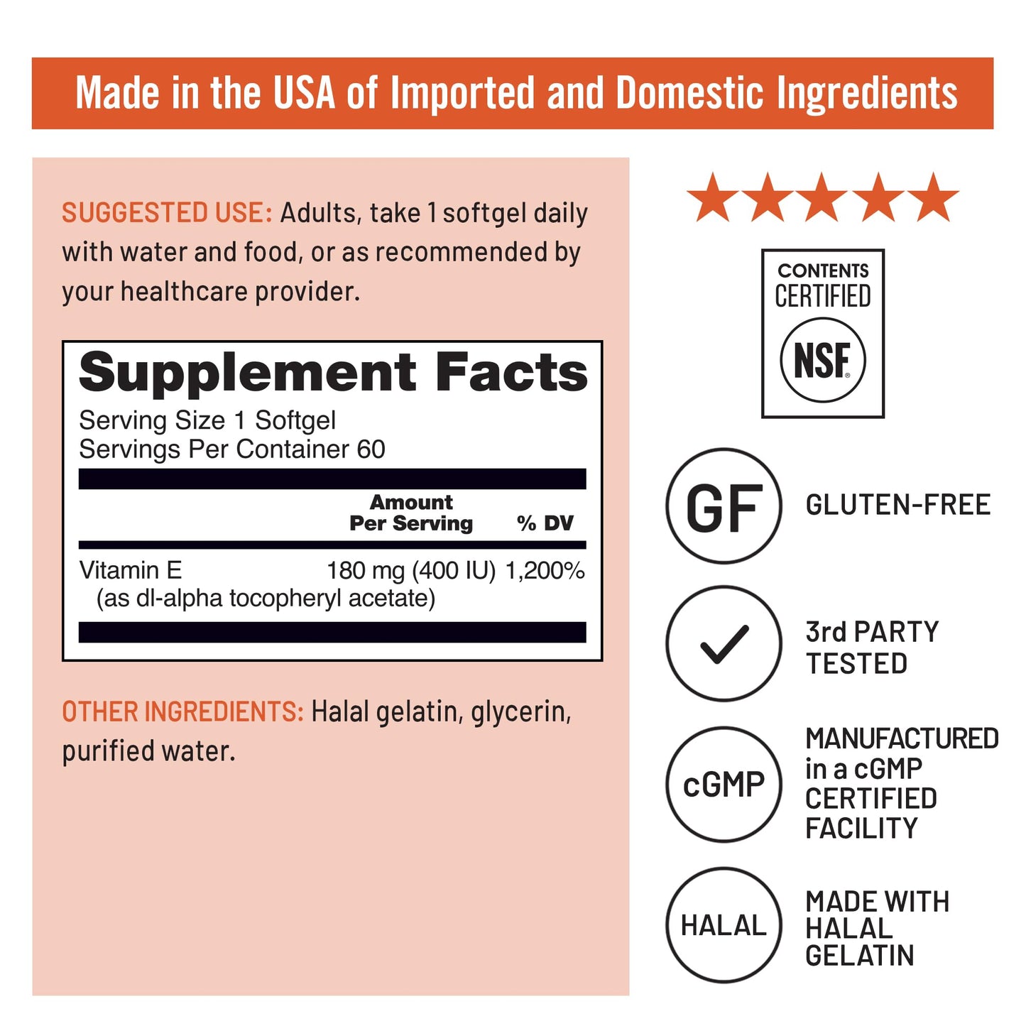 NatureWise Vitamin E 400 IU bottle showing the supplement facts panel and halal gelatin ingredients.