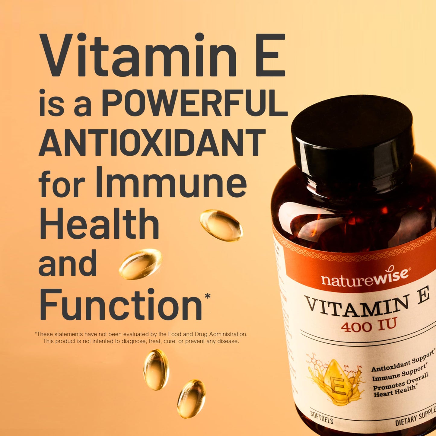 Back view of NatureWise Vitamin E 400 IU antioxidant support packaging outlining the daily serving size.