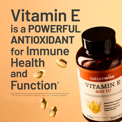 Back view of NatureWise Vitamin E 400 IU antioxidant support packaging outlining the daily serving size.