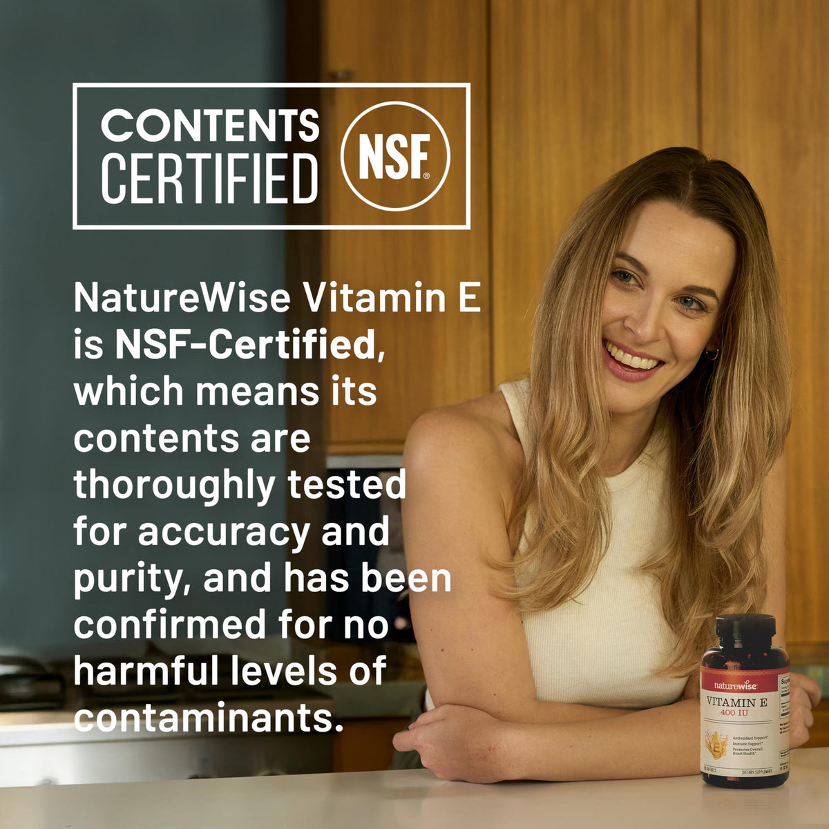 Lifestyle flat lay featuring NatureWise vitamin E bottle for skin and heart wellness