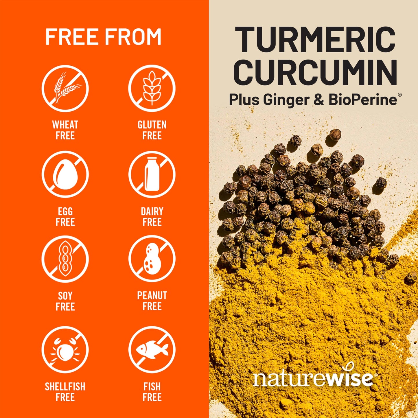 Close up of NatureWise turmeric curcumin supplement facts