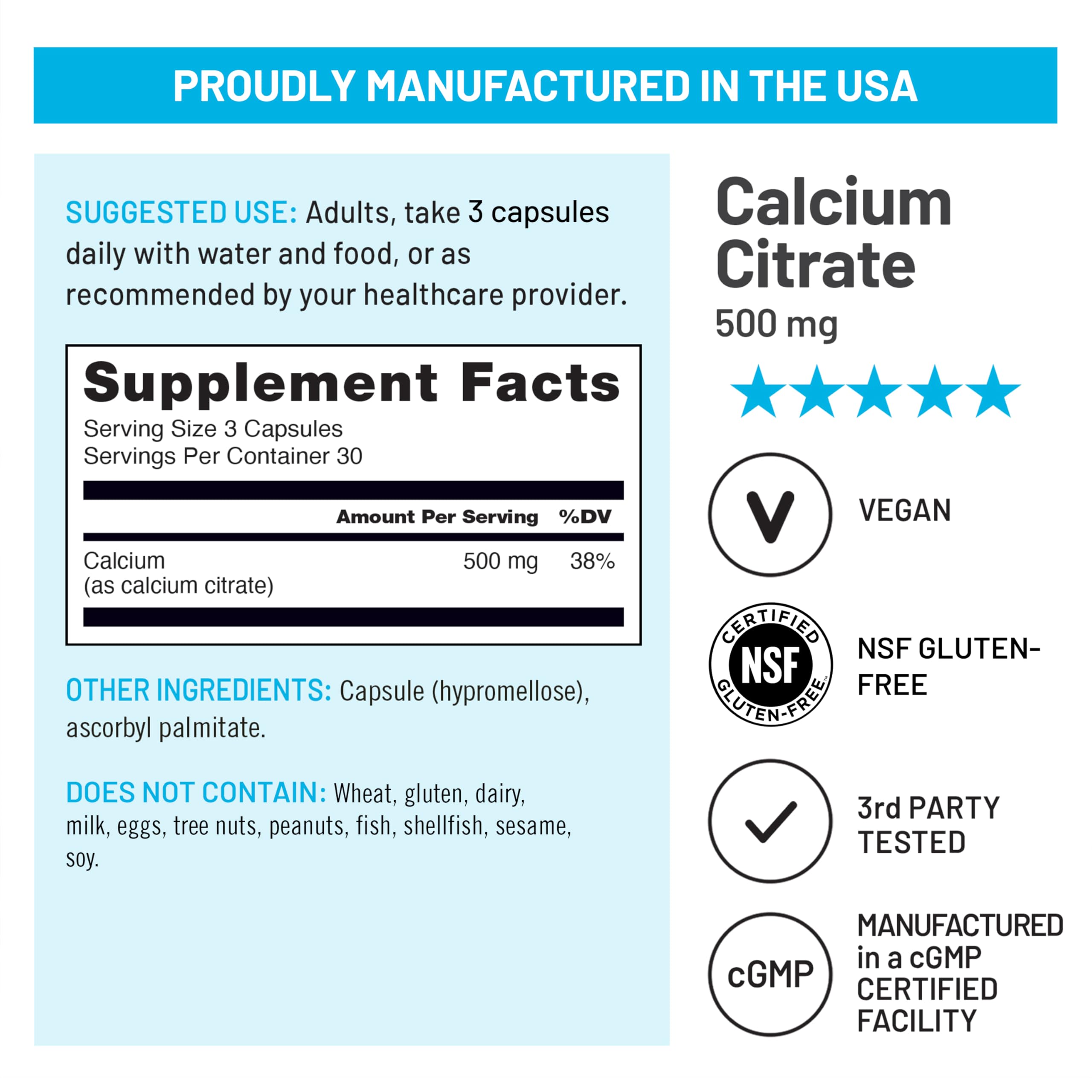 NatureWise Calcium Citrate 500mg ingredient label
