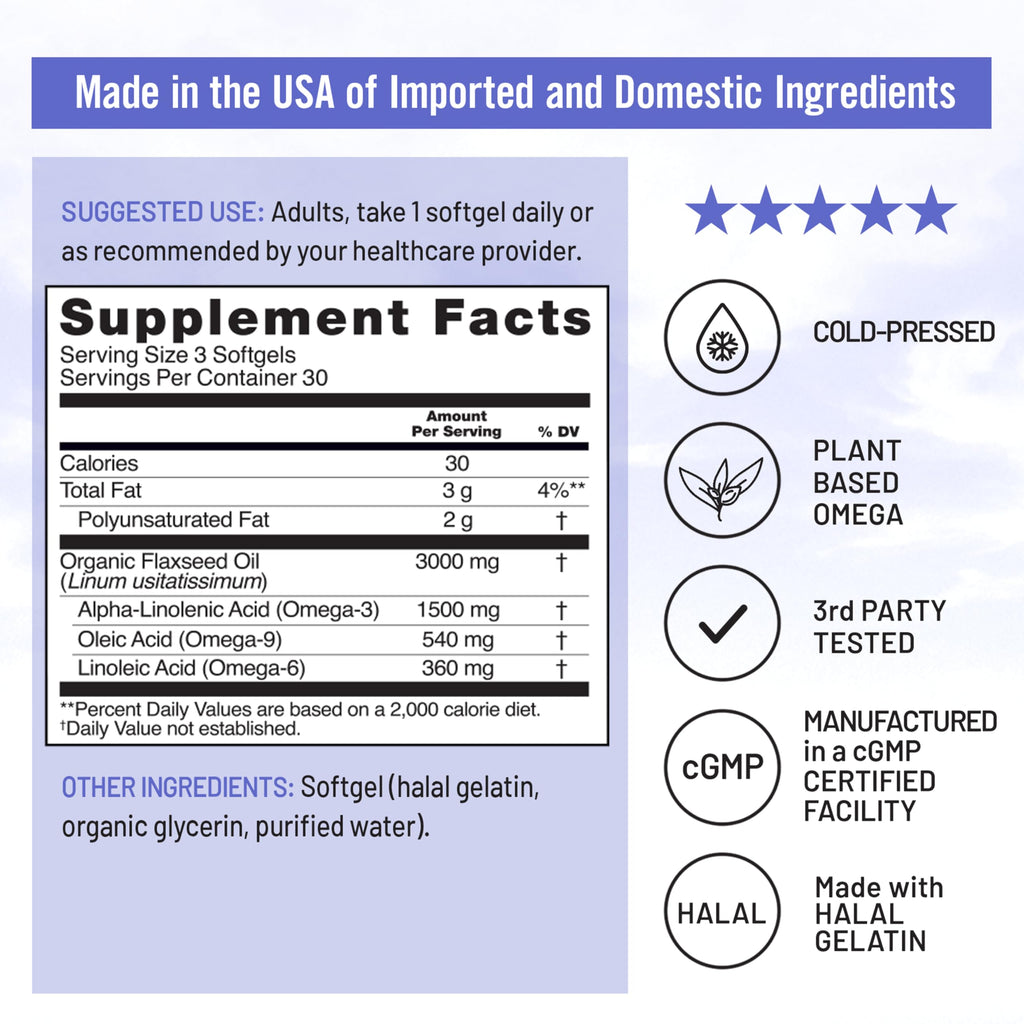 NatureWise organic flaxseed oil bottle showcasing non-GMO and cold-pressed quality highlights