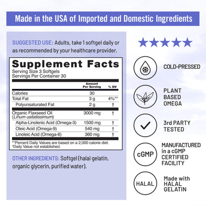 NatureWise organic flaxseed oil bottle showcasing non-GMO and cold-pressed quality highlights