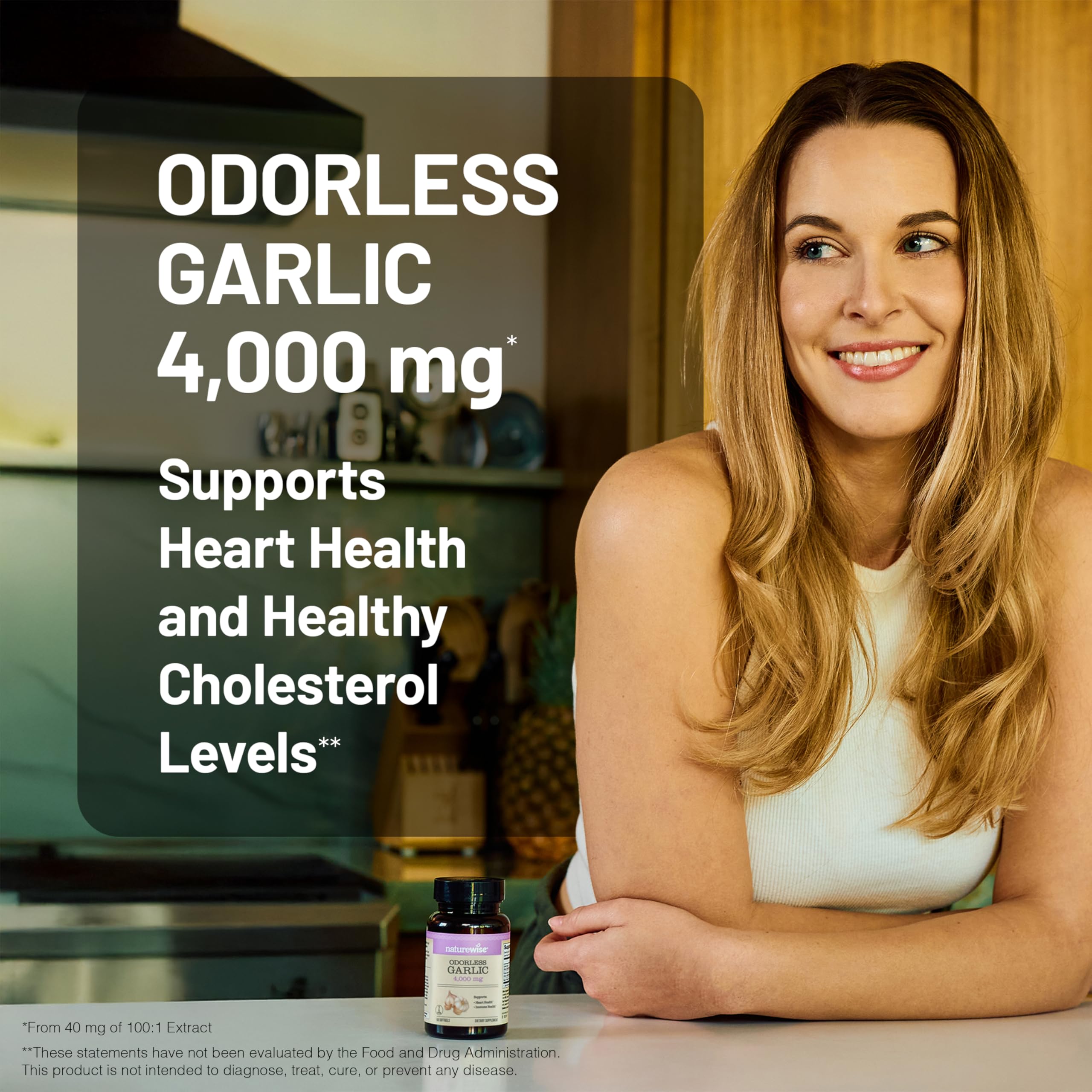NatureWise ultra potent 100:1 garlic extract 60 softgels label showing non-GMO certification
