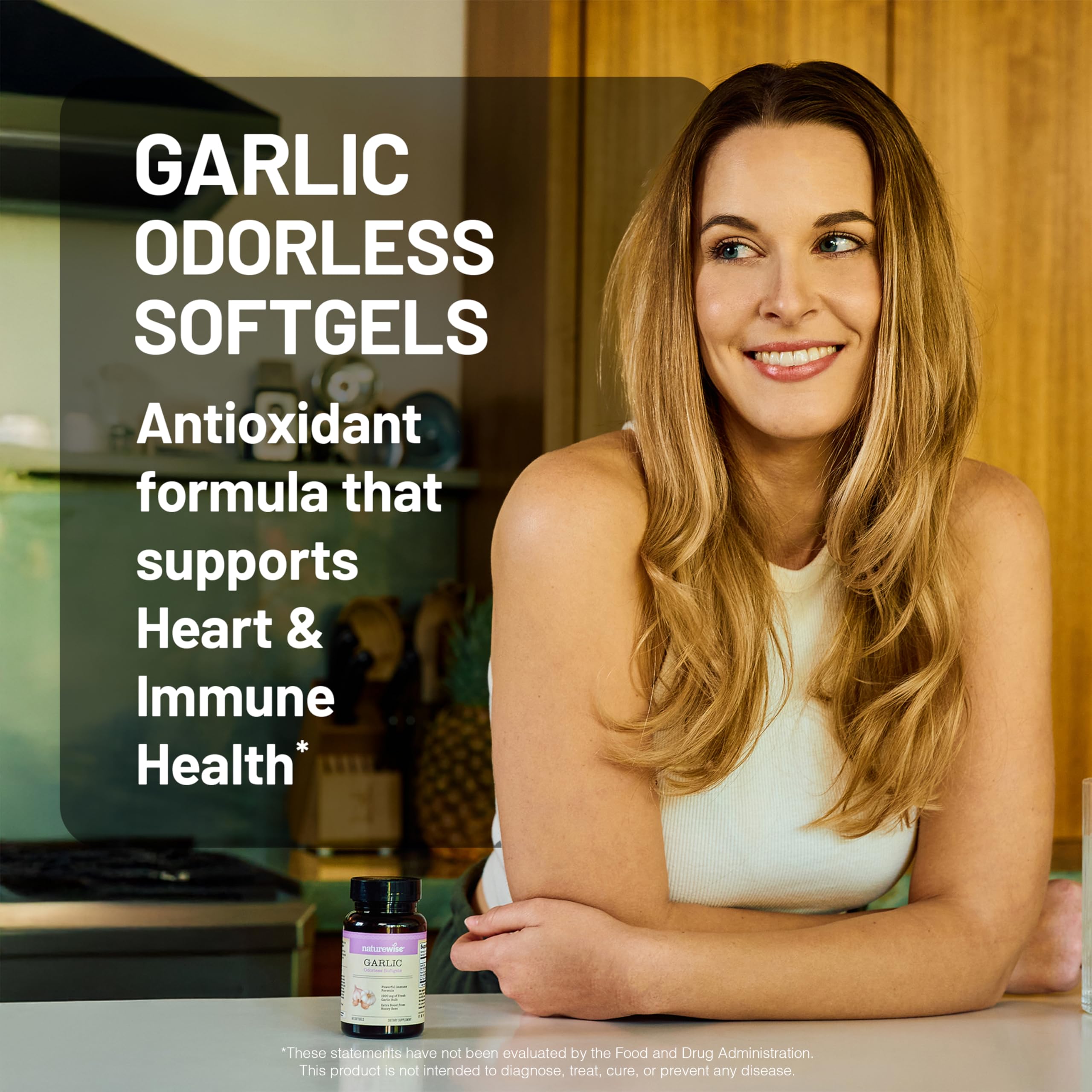 NatureWise Garlic 1500 mg softgels with royal bee jelly bottle side panel.