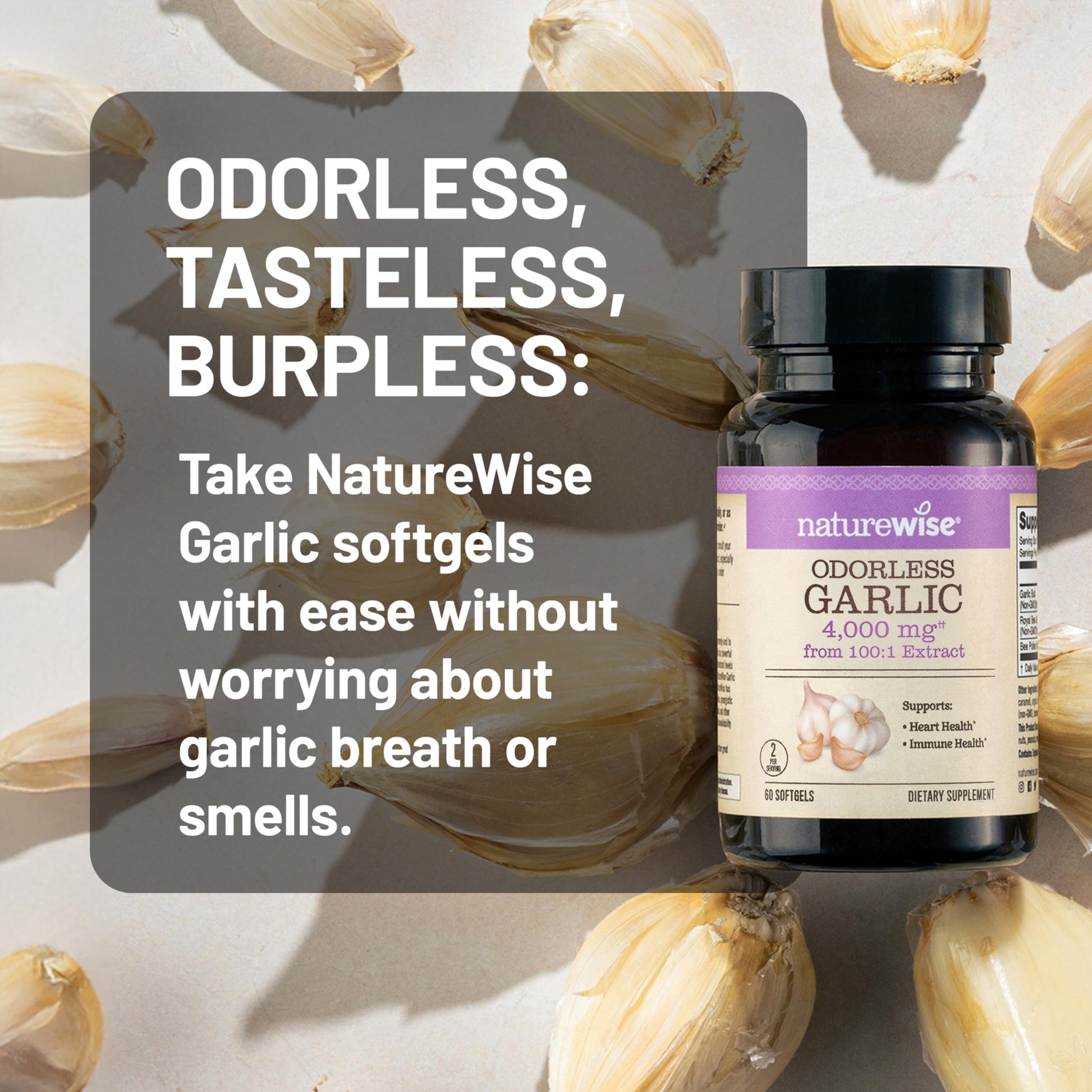 NatureWise heart wellness garlic supplement bottle demonstrating premium clean ingredients