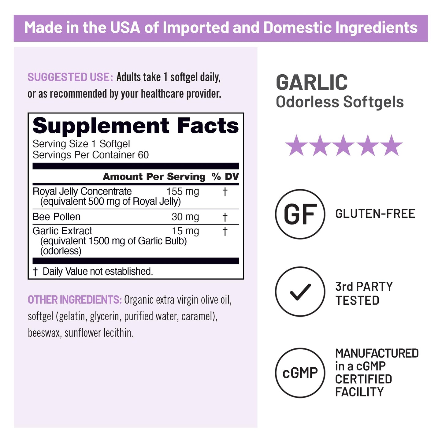 NatureWise non-GMO gluten free garlic pills supplement facts label.