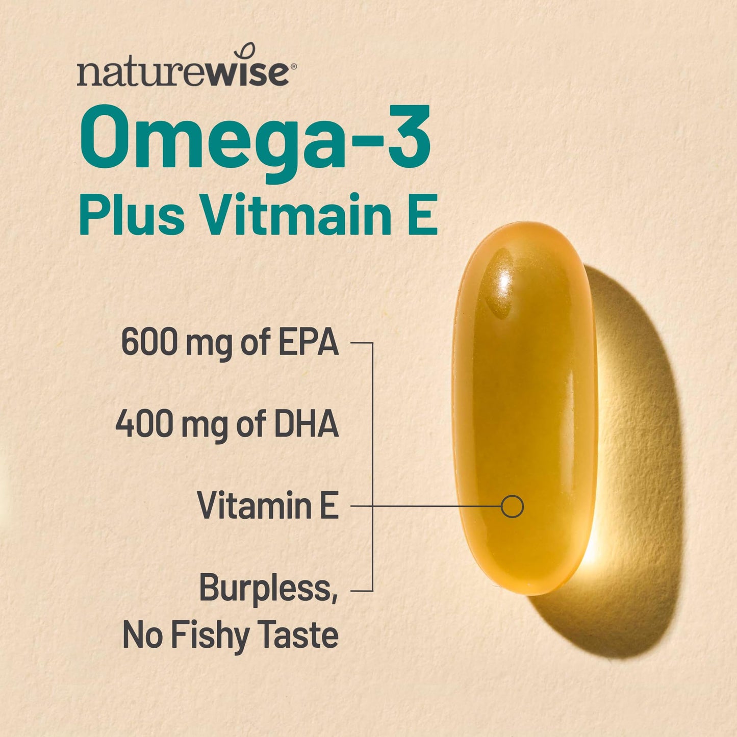 Side view of NatureWise advanced omega 3 fatty acids supplement with natural antioxidant vitamin E details.