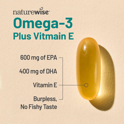 Side view of NatureWise advanced omega 3 fatty acids supplement with natural antioxidant vitamin E details.