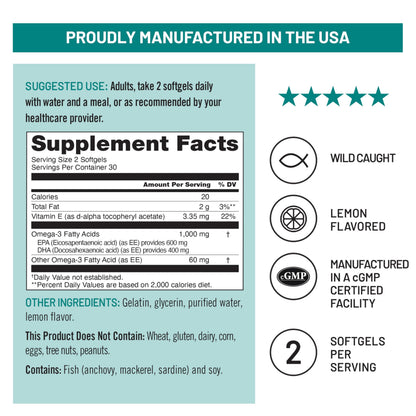 Authentic NatureWise lemon flavored fish oil dietary softgels container highlighting wild caught sourcing credentials.