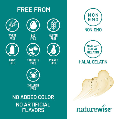 Close up of NatureWise extra strength marine oil supplement packaging outlining heart and brain health benefits.