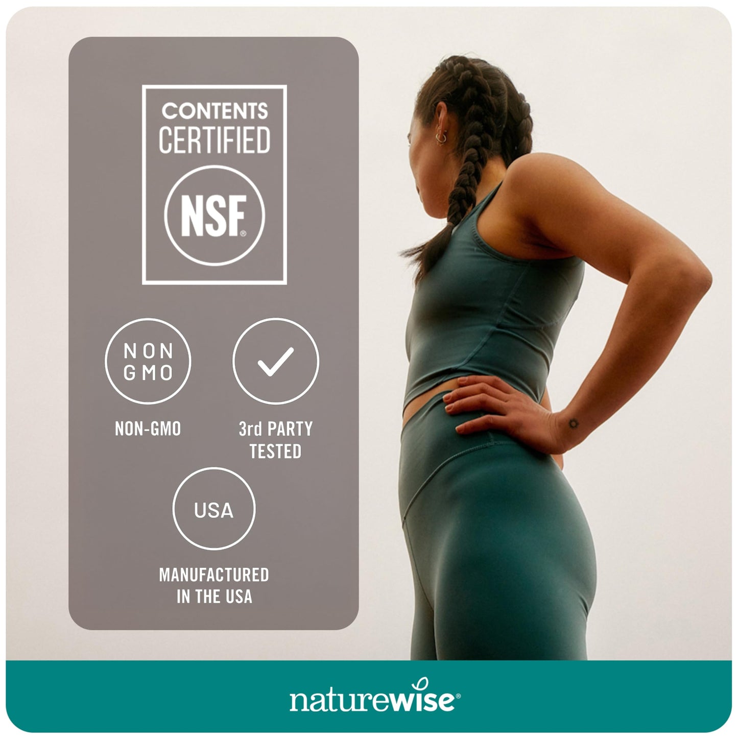 NatureWise premium joint and cognitive support omega supplement bottle showing direct consumer safety warning labels.