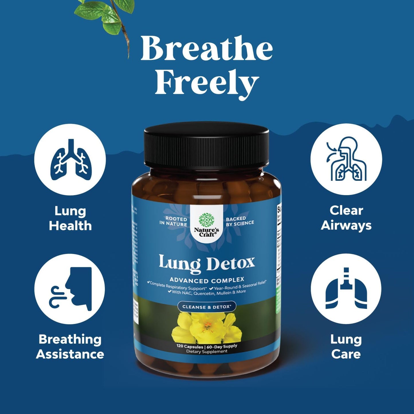 Top view of Natures Craft 120 count lung detox supplement bottle