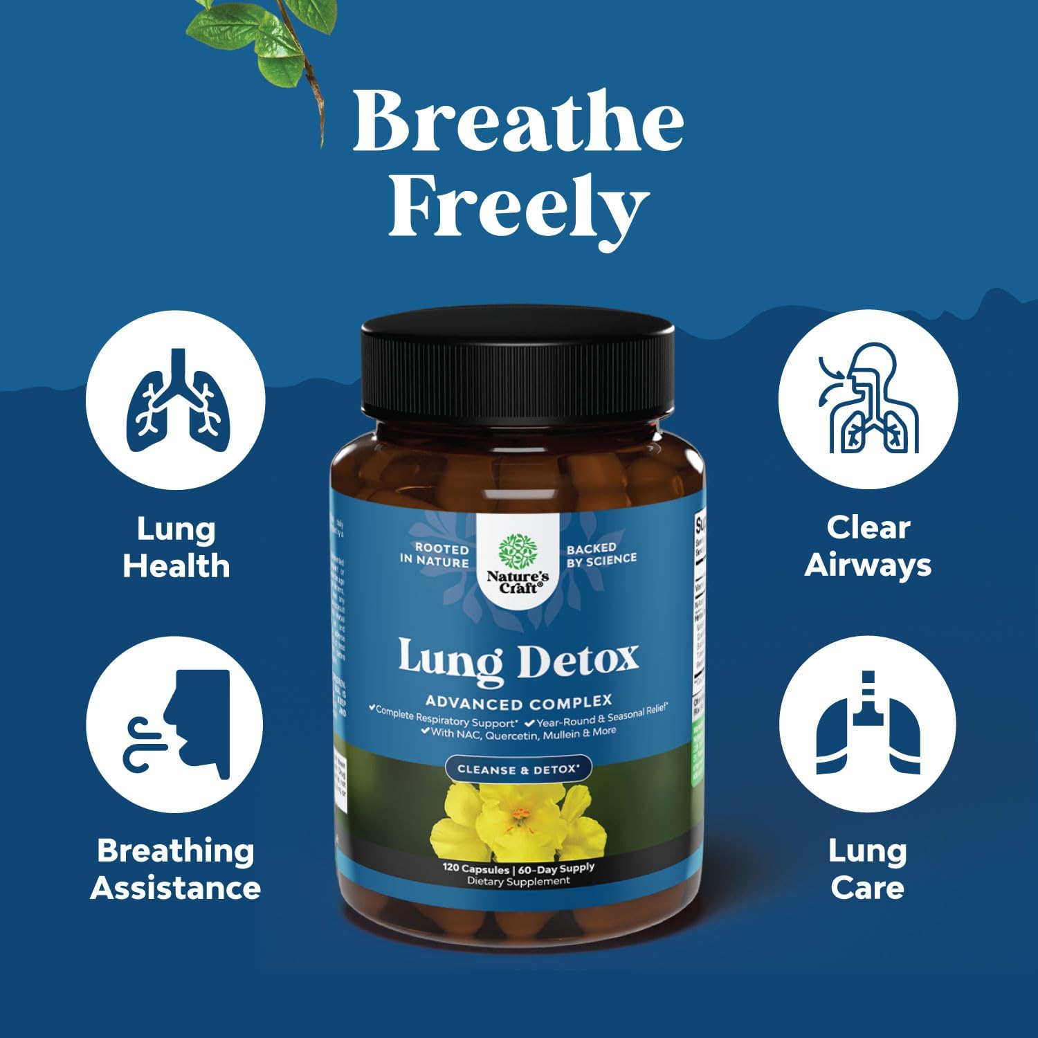 Top view of Natures Craft 120 count lung detox supplement bottle