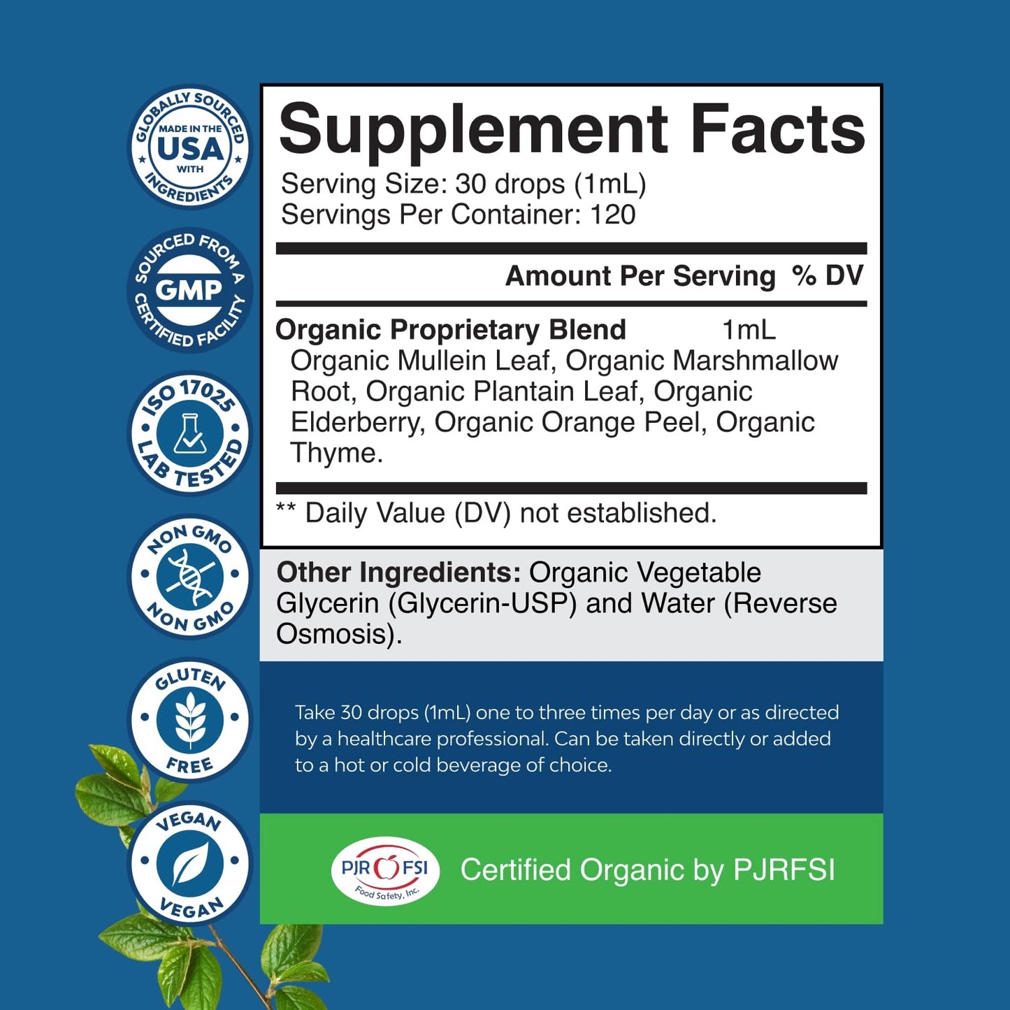 Back of bottle showing organic ingredient list and supplement facts
