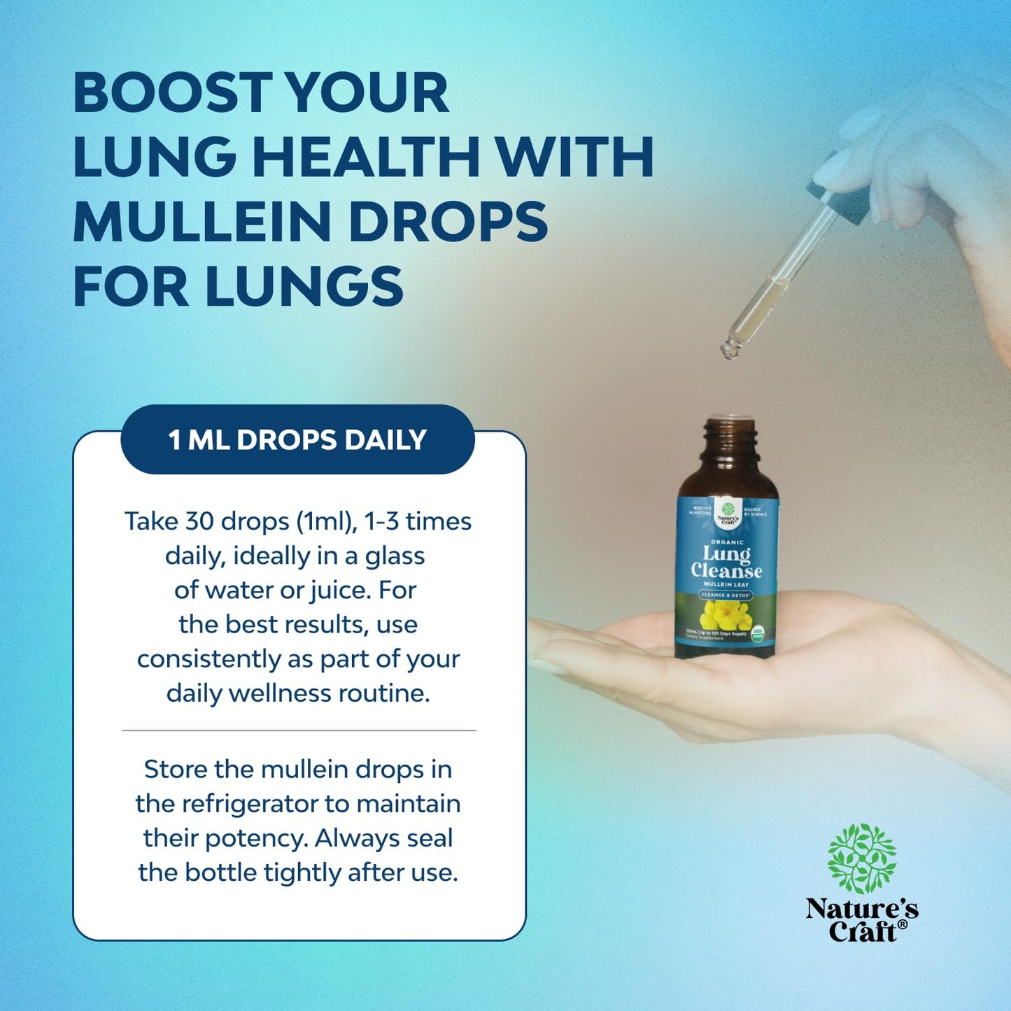 Natures Craft lung support drops with dropper glass bottle