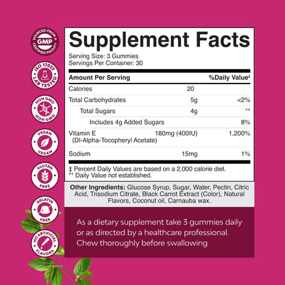Raspberry flavored gluten free skin and immune support supplement bottle label details