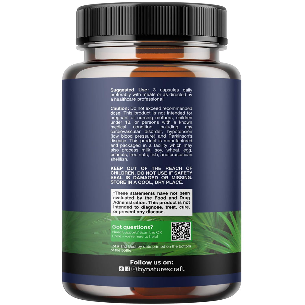 Natures Craft Prostate Support bottle showing saw palmetto and pygeum ingredient facts